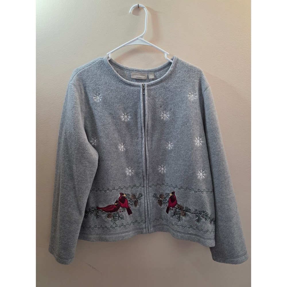 Vintage Croft & Barrow Petite XL Gray Fleece Jacket Cardinal Snowflake Full Zip